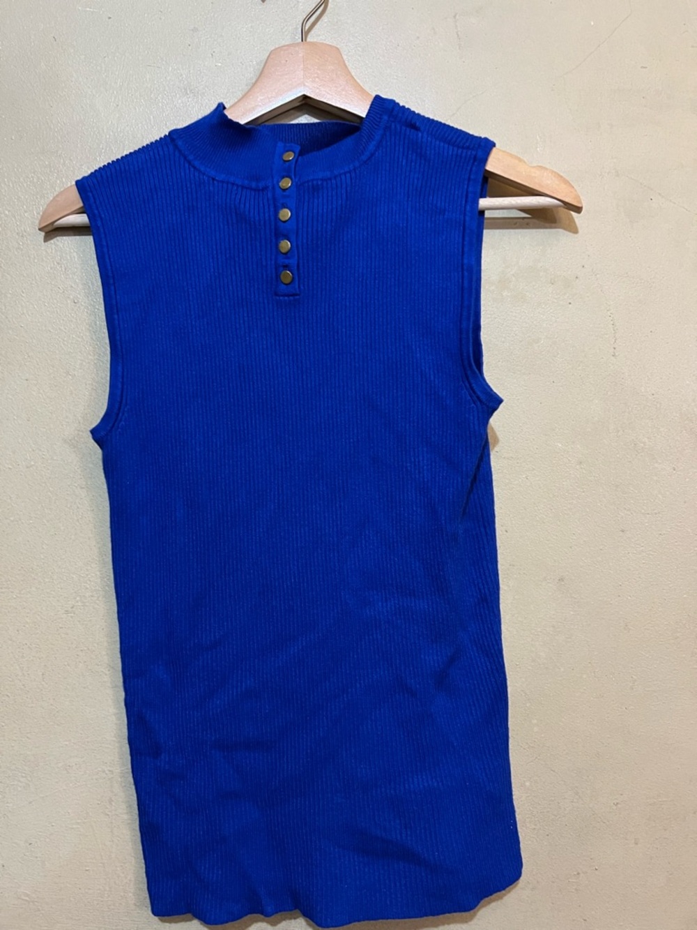 Stunning Sleeveless Ribbed Button-Neck Top - Blue